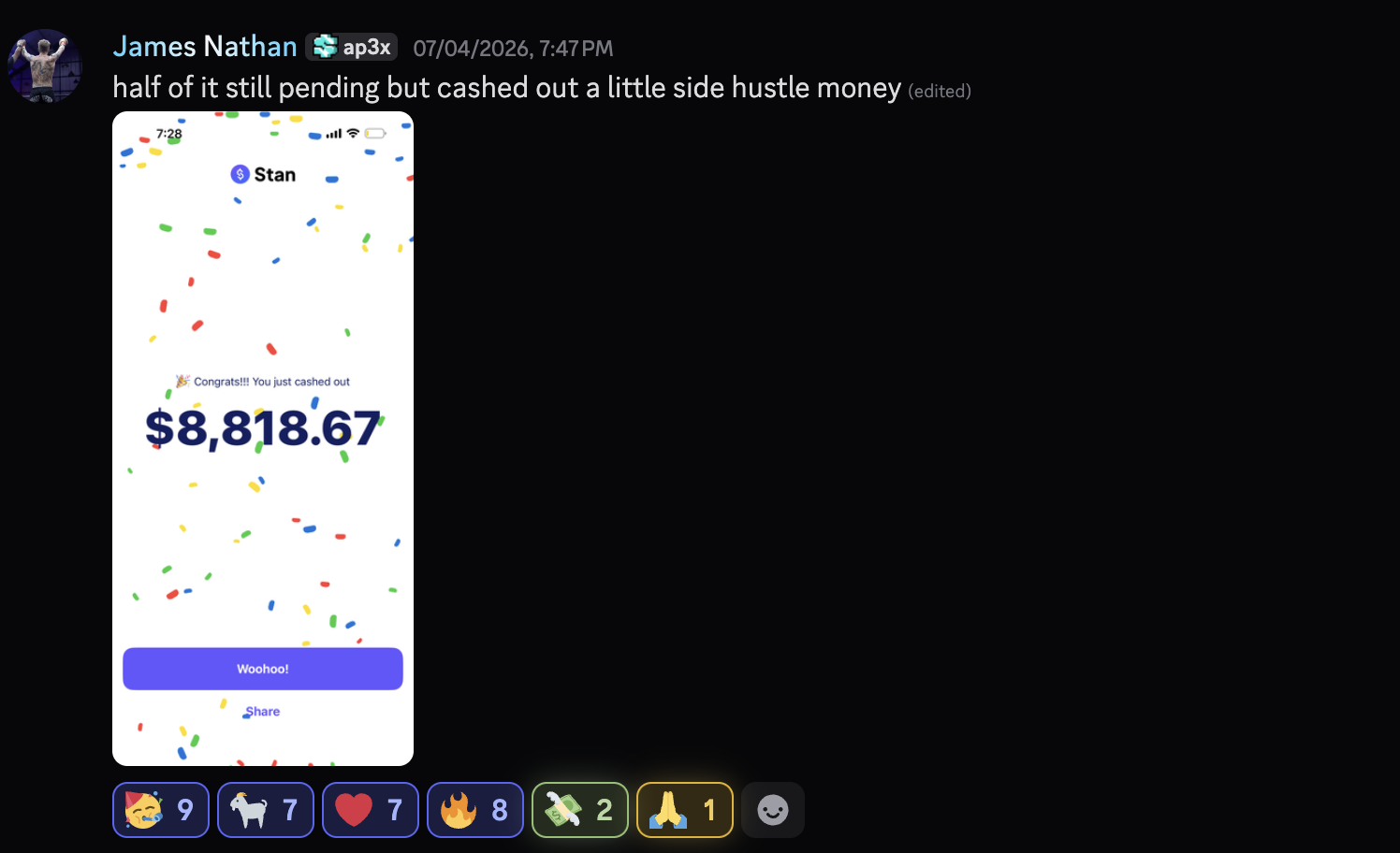 Discord post by James Nathan showing a Stan app cash out of $8,818.67