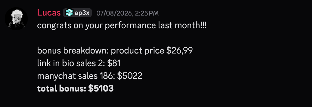 Discord bonus breakdown totaling $5,103 from link-in-bio and ManyChat sales