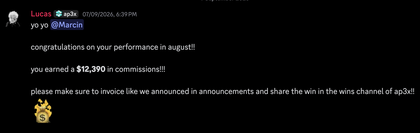 Discord message congratulating Marcin for earning $12,390 in commissions