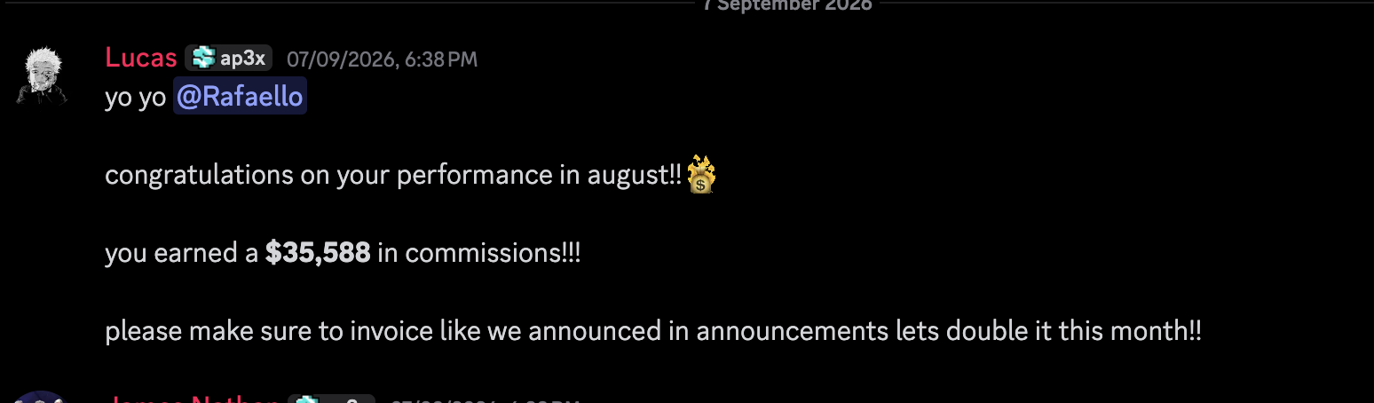Discord message congratulating Rafaello for earning $35,588 in commissions